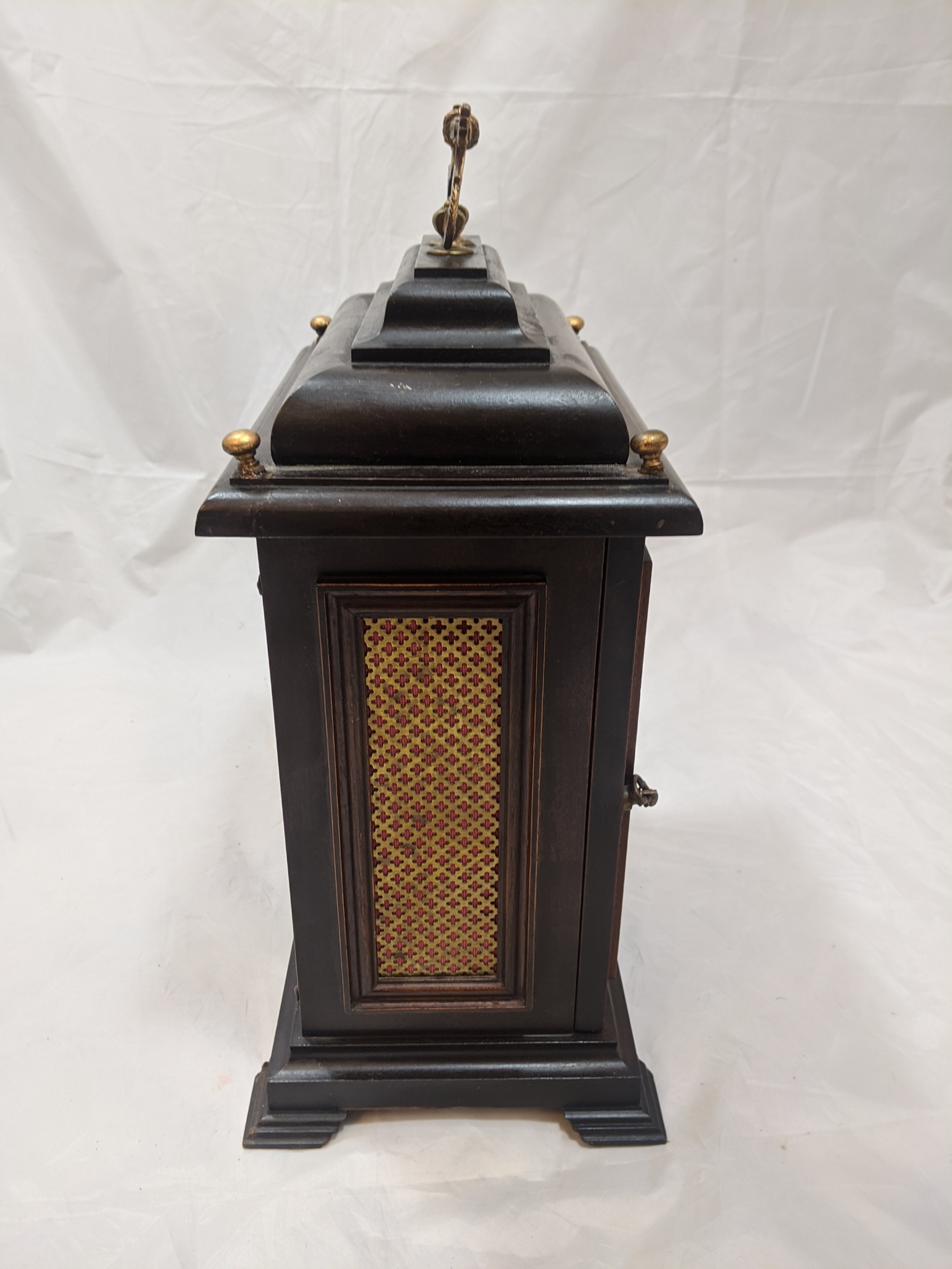 A 19th century mantel clock, three train striking, mahogany cased with fretwork side panels - Image 3 of 3