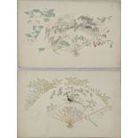 A pair of Oriental drawings with watercolour of fan designs, each H.30cm W.43.5cm