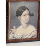 A miniature portrait of a maiden, oil, probably 18th century, cased, H.8.5cm W.6.5cm