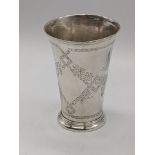 A Continental silver beaker, engraved with birds and foliage, marks to base, 125g, H.11cm