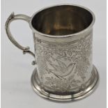 A Victorian silver mug engraved with birds, London, 1876, maker Goldsmiths Alliance Ltd, Cornhill,
