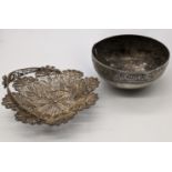 A silver filigree basket D.12cm,, together with an Eastern silver bowl (A/F) D.10cm, 146g