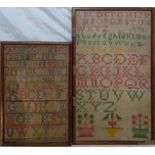 Two early alphabet embroideries, 38cm x 22cm and 28cm x 18cm