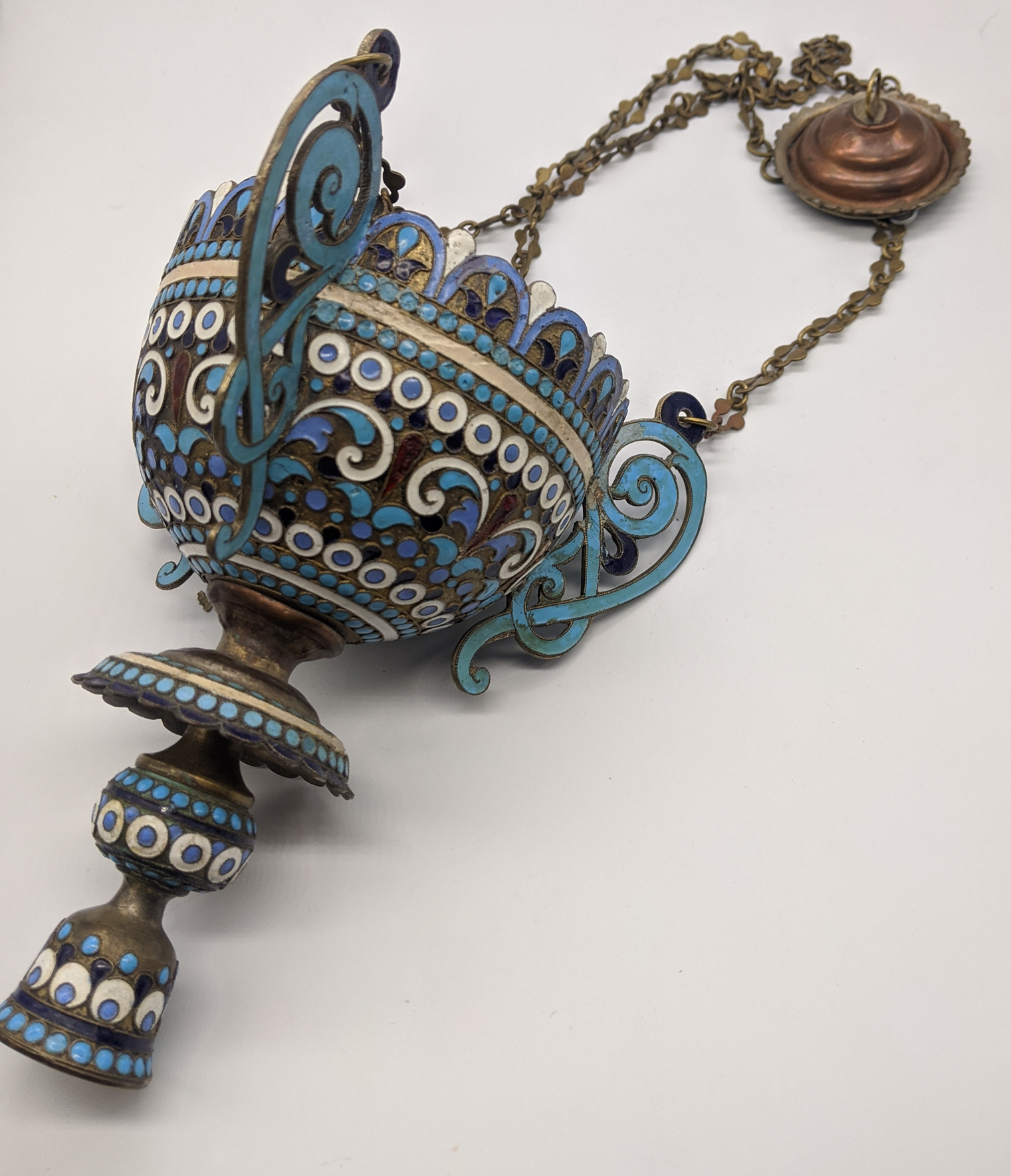 A late 19th/early 20th century Greek cloisonne enamelled oil lamp, H.60cm (fully extended)