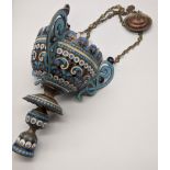 A late 19th/early 20th century Greek cloisonne enamelled oil lamp, H.60cm (fully extended)
