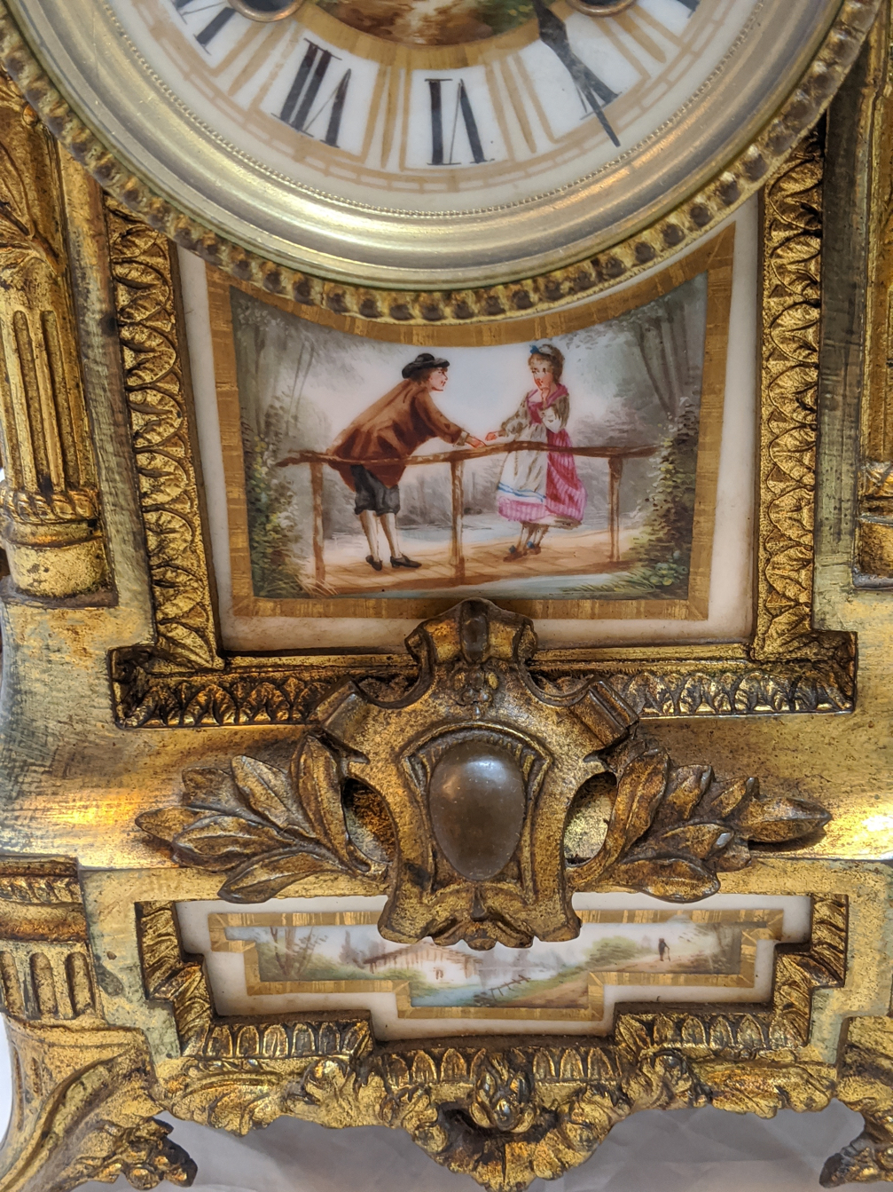 A 19th century Sevres gilt brass clock with garniture, integrated porcelain hand painted bucolic - Image 5 of 5