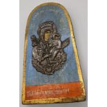 A Russian or Greek icon of Mary and Baby Jesus mounted with white metal, H.22.5cm W.12cm
