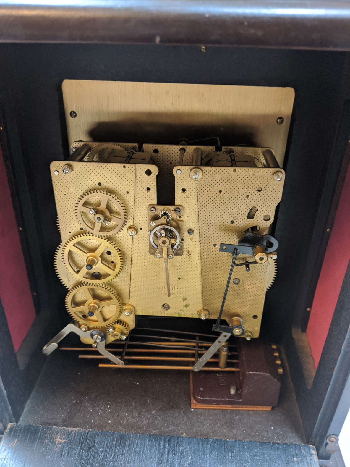 A 19th century mantel clock, three train striking, mahogany cased with fretwork side panels - Image 2 of 3