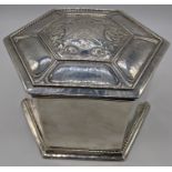 An Omar Ramsden & Alwyn Carr Arts and Crafts silver box, hexagonal shape with a hinged cover