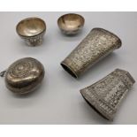 A group of mixed Indian and Southeast Asian silver objects, 241g (5)