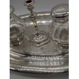 A Victorian large silver inkstand, central quill stand flanked by twin glass containers integrated