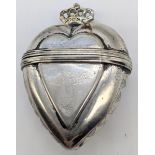 A Continental silver heart box, crown finial, marks to interior lip, 29g, L.6cm