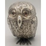 A silver owl mustard pot, amber colour eyes, hallmarked London, 1848, maker Charles Thomas &