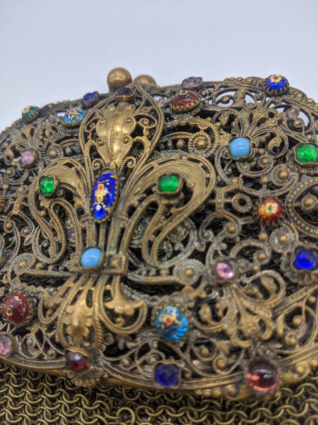 In the manner of Faberge, two Russian mesh handbags, mounted with enameling and coloured stones. - Image 3 of 4