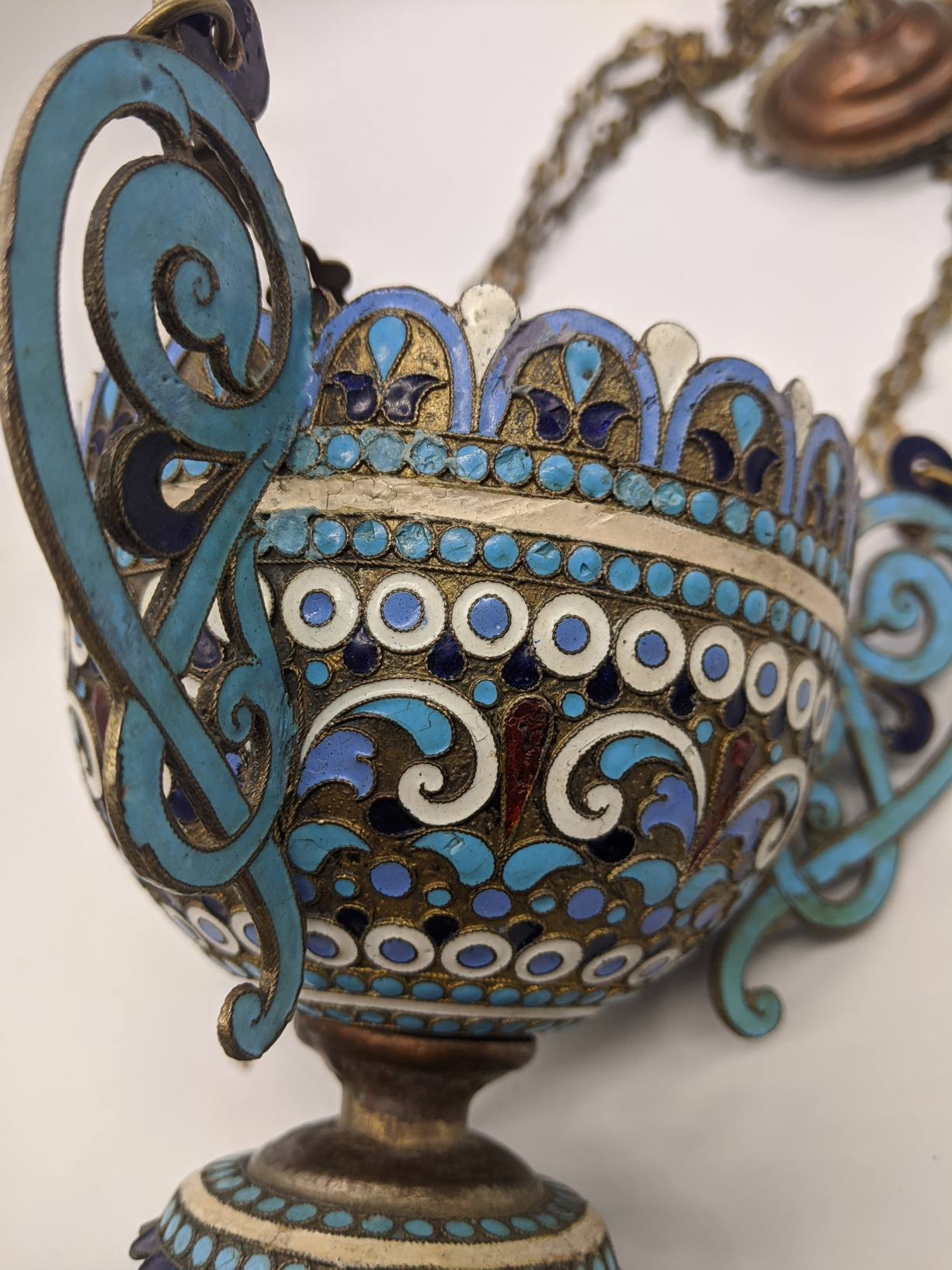 A late 19th/early 20th century Greek cloisonne enamelled oil lamp, H.60cm (fully extended) - Image 2 of 4
