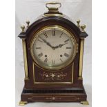 A 19th century mantel clock, mahogany case with brass column supports, inlaid decor, 8 day striking