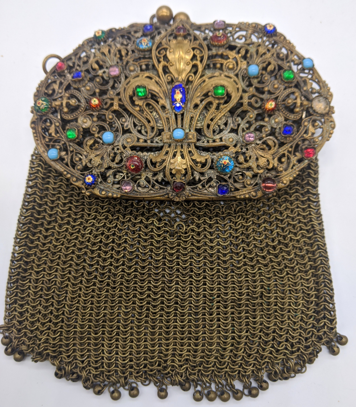 In the manner of Faberge, two Russian mesh handbags, mounted with enameling and coloured stones. - Image 2 of 4