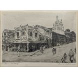 Flora H.Mitchell (Irish 1890-1973), A Street in Old Kandy, pen and ink wash, signed in pencil and