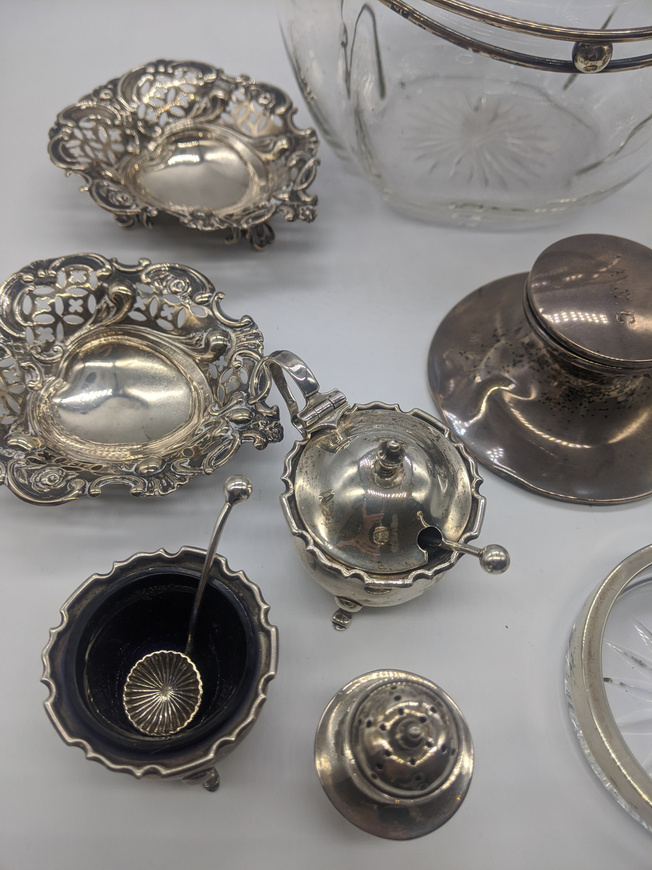 A collection of silver to include a glass biscuit jar, a pair of bonbon dishes, an ink well, two - Image 2 of 5