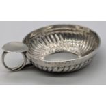 A French silver wine taster,marked to handle and case, engraved PH.BARBET, 73g, D.10cm