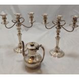 A pair of silver plated three light candelabras H.36cm, together with a late 19th century silver