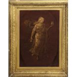 A Georgian study of the Goddess Athena holding an owl, oil on metal, H.46cm W.31cm