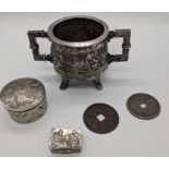 A Chinese silver twin handled container, unmarked, 208g, H.8cm W.14cm, an Italian silver pill box,