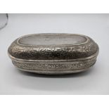 A Continental silver oval snuff box, repousse embossed, gilt interior, indistinct marks to edge,
