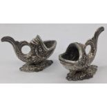 Pair of Continental silver fish salts with glass liners, stamped `Silver 835`, one other