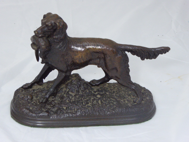 After Jules Moigniez (French, 1835-1894), bronze, setter with pheasant, signed, later cast, H.