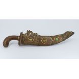 A Chinese/tibetan bronze & copper dagger inset with turquoise and coral,