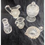A collection of Regency Irish glass to include a pickle jar, 2 milk jugs, a decanter and a