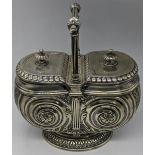 A Victorian silver plated biscuit box, twin lids and elaborate fluted handle, H.23cm