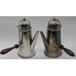 A pair of silver plated chocolate pots, wooden handles, H.17.5cm