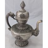 A large Tibetan or Himalayan white metal teapot, Tibet or Himalayan India, H.37cm