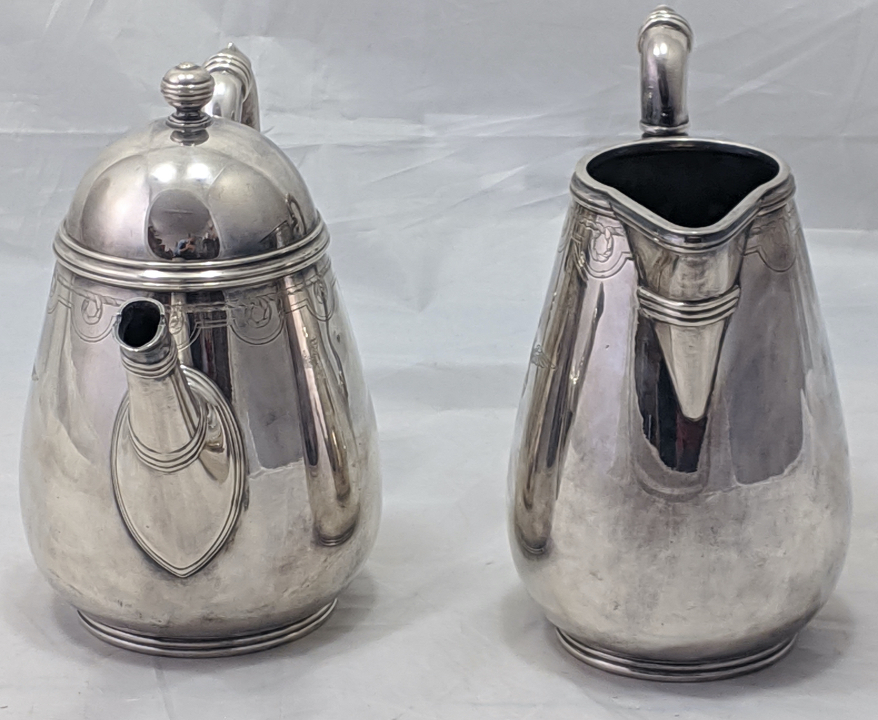 Fratelli Broggi, Milano, an unusual Italian silver plated teapot and water jug, banded handles and - Image 2 of 5