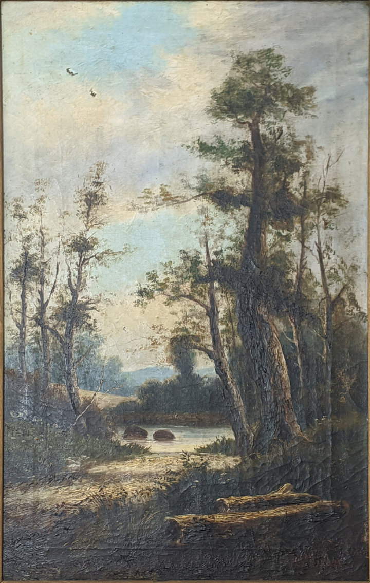 G.Muller (Late19th century Continental), a forestry scene, oil on canvas, signed lower right, H.61cm