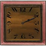 A silver mounted pink guilloche enamelled clock, blue enamelled dials, H.8cm W.8cm