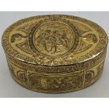 An early gilt silver box, scene to lid of lovers with a goat, further images of cherubs and birds,