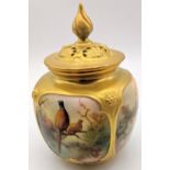 A Royal Worcester pot pourri case and cover, painted bucolic scenes with pheasants, raised panels in