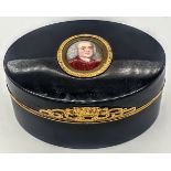 A late 18th century tortoise shell snuff box, mounted with gold, miniature portrait to lid of a