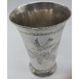An 18th century French silver tumbler, etching with birds and foliage, 125g, H.11cm