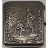 A Russian silver cigarette case, a scene with two explorers front, inscription in Cyrillic to the