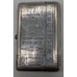 An unusual Russian silver tobacco case, etching decor of a Gentleman and Cyrillic symbols and