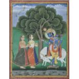 A 19th century Indian study of Krishna with cow licking feet and two ladies bearing fights, gouache,