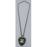 A jade heart shaped pendant with gold chain and monogram, indistinct marks to clasp, chain weight