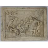 A classical scene of cherubs and fauns playing with a donkey in a forest scene, stone plate, verso