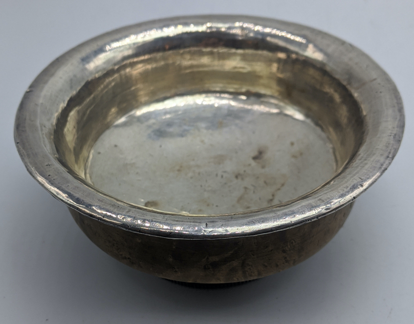 Late 18th/early 19th century Tibetan wooden eating bowl mounted with silver, H.5cm W.12.5cm