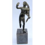 An early bronze statue of a nude male, raised on a square base, antiquities interest, H.9.5cm (not