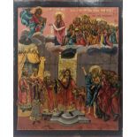 A large Russian icon depicting the Theotokis leading the angels and saints of heaven towards Christ,